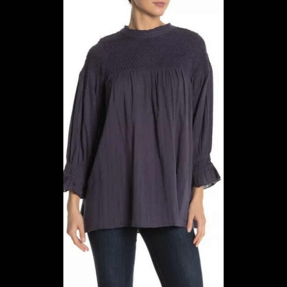Free People Dark Blue Smocked Tunic Top Blouse